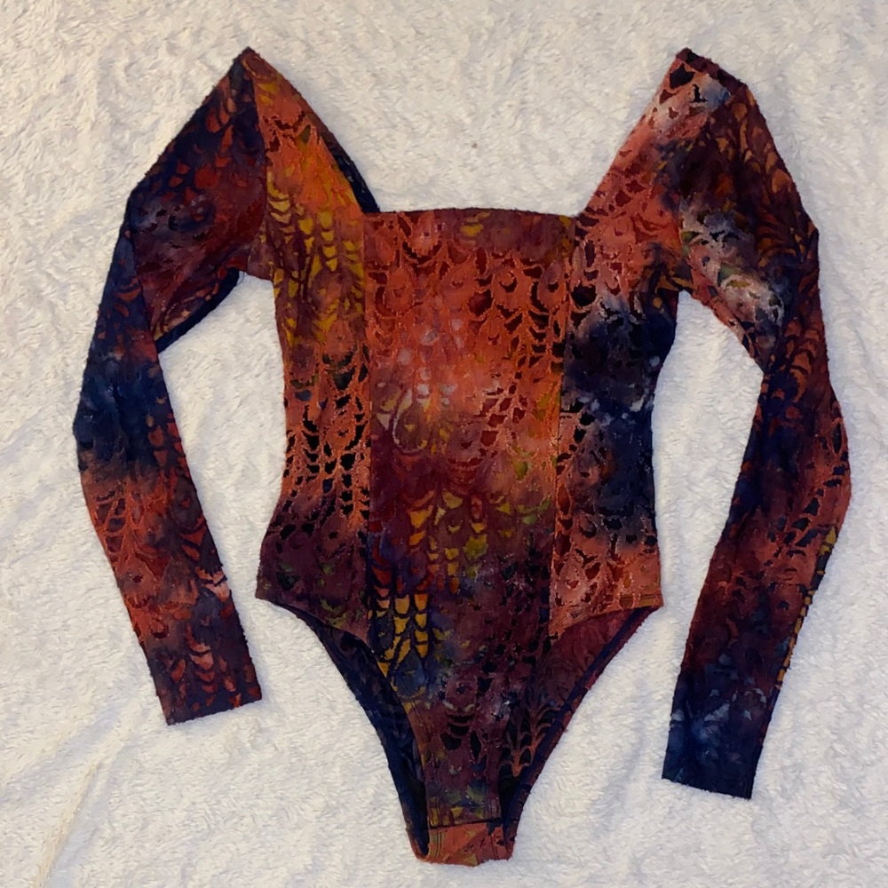 Desigual Multicolor Long-Sleeve Bodysuit in Burgundy, Navy & Mustard Tie Dye